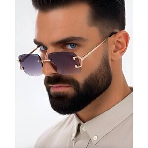 Men Fashion Gradient Lens Eyewear Casual Luxury Rimless Rectangle Sunglasses New